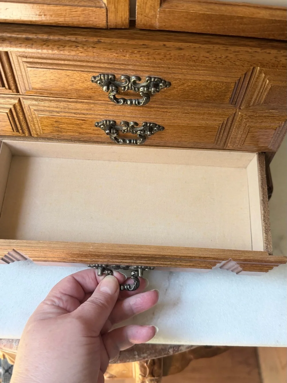 Vintage Wooden Jewelry Armoire with Floral Glass Doors